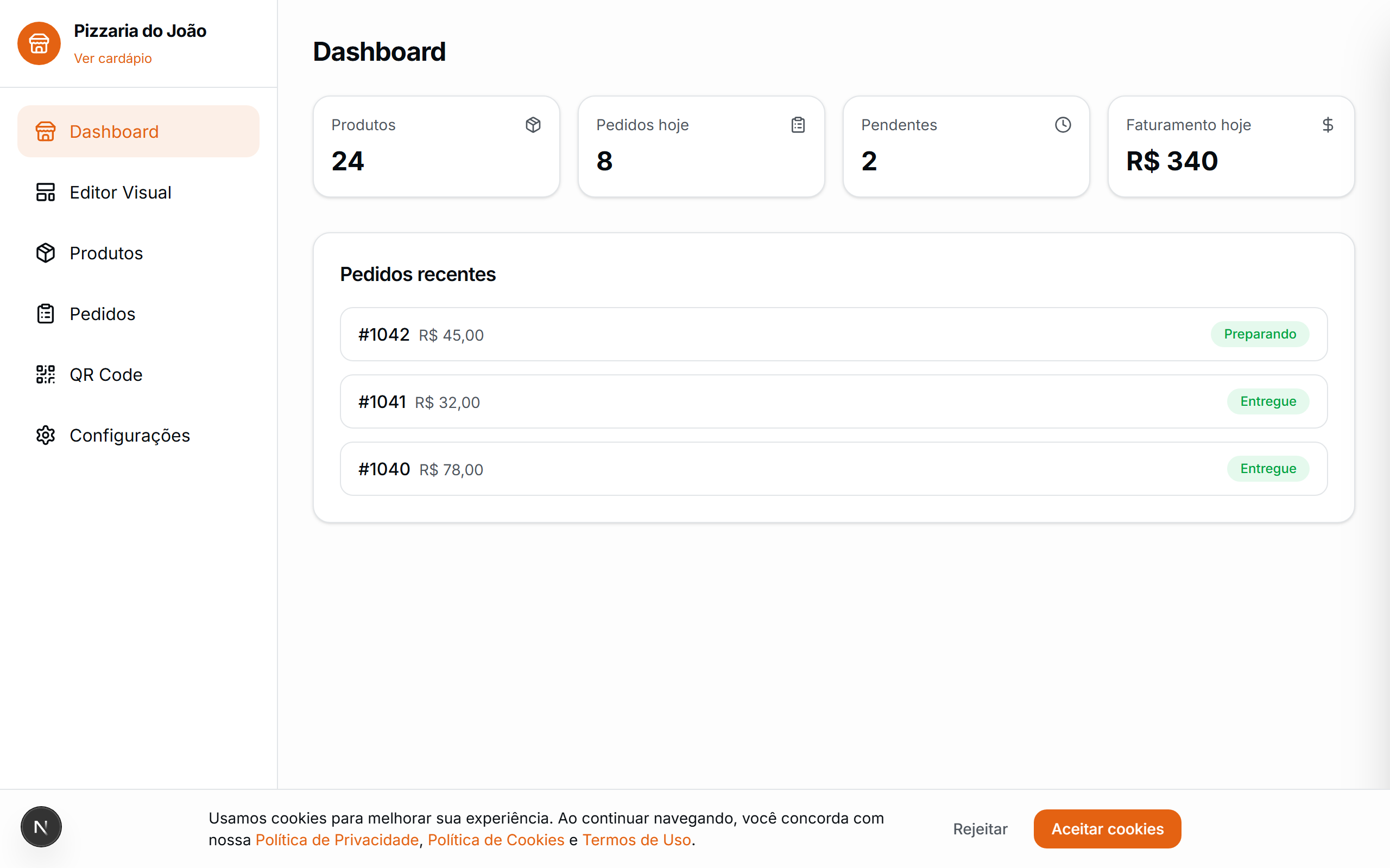 Dashboard do painel com pedidos e estatísticas