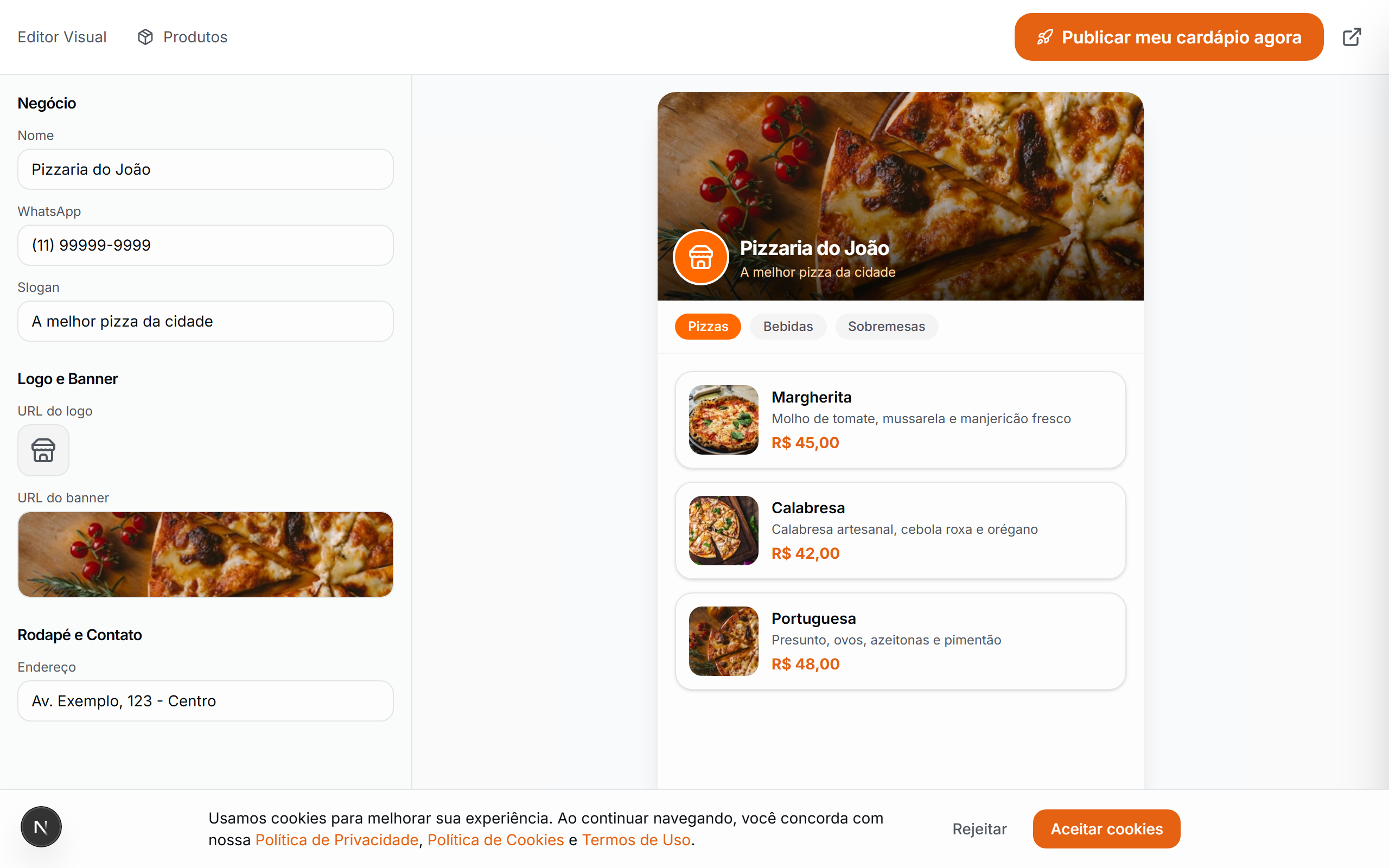 Painel de edição visual do cardápio digital